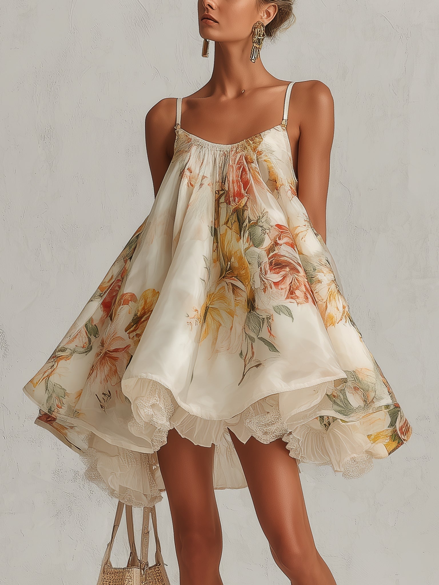 Evangeline – Beige Floral Organza A-Line Mini Dress with Lace Trim