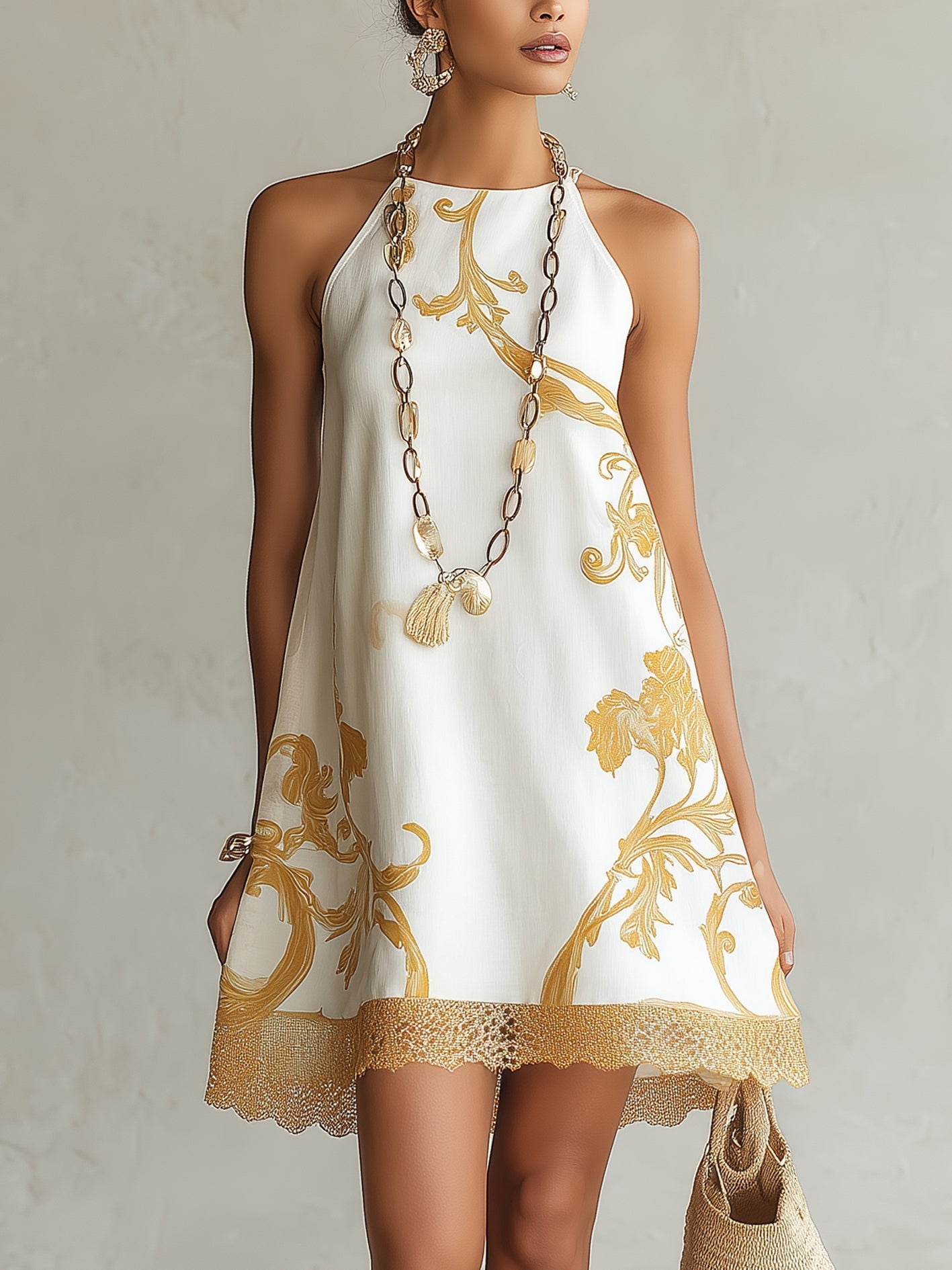 Beth – White and Gold Print Lace Mini Dress