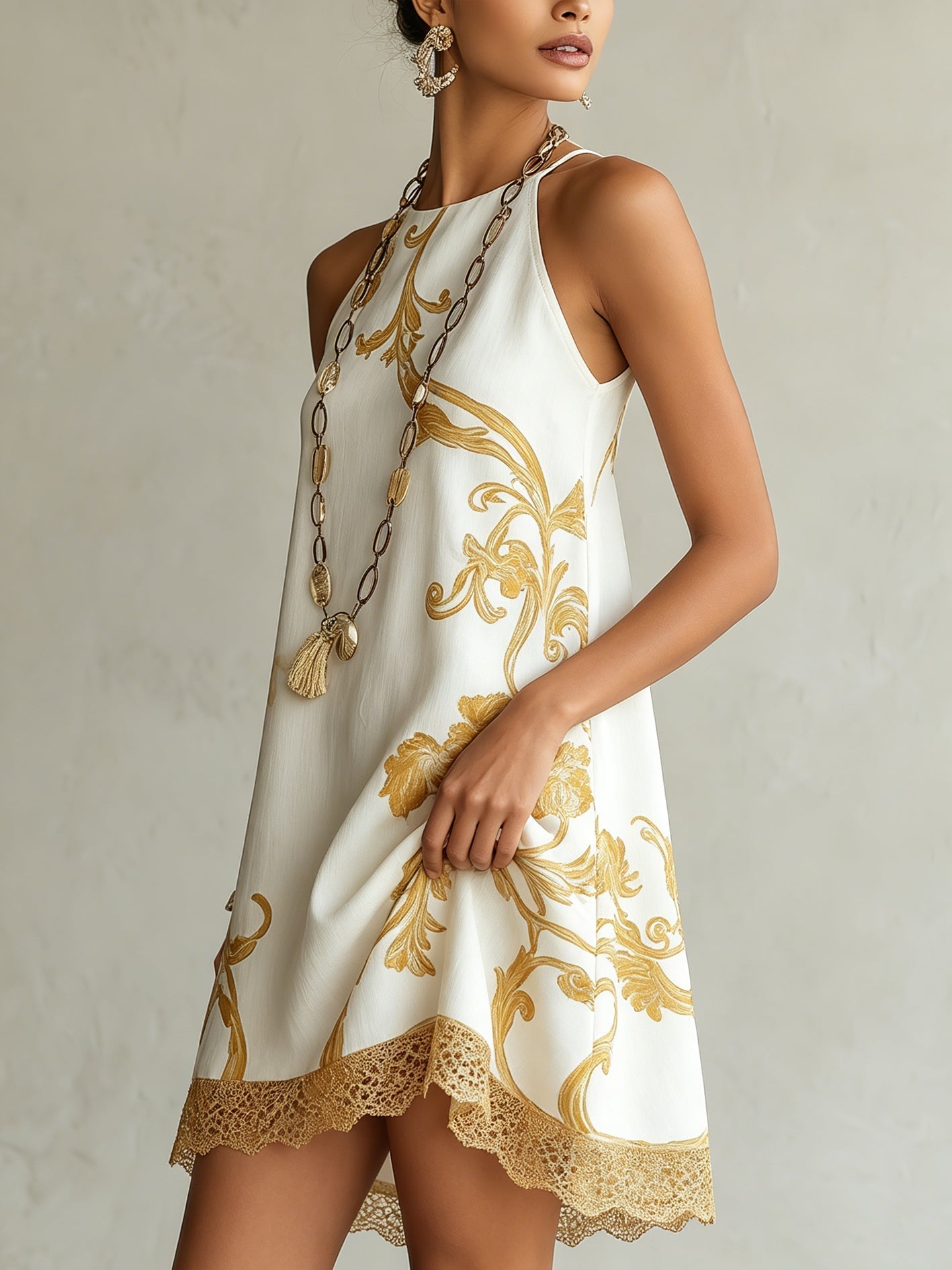 Beth – White and Gold Print Lace Mini Dress