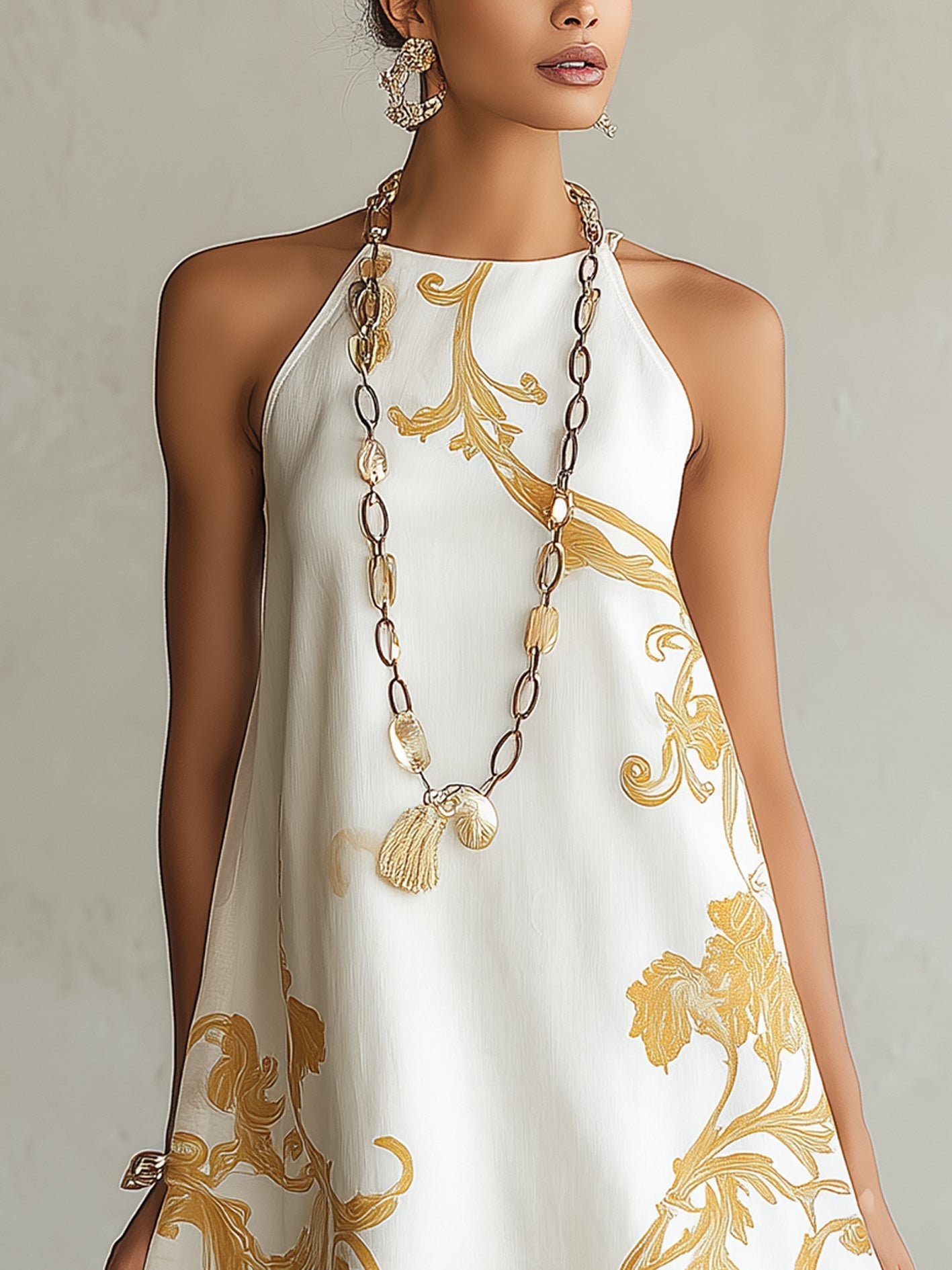 Beth – White and Gold Print Lace Mini Dress