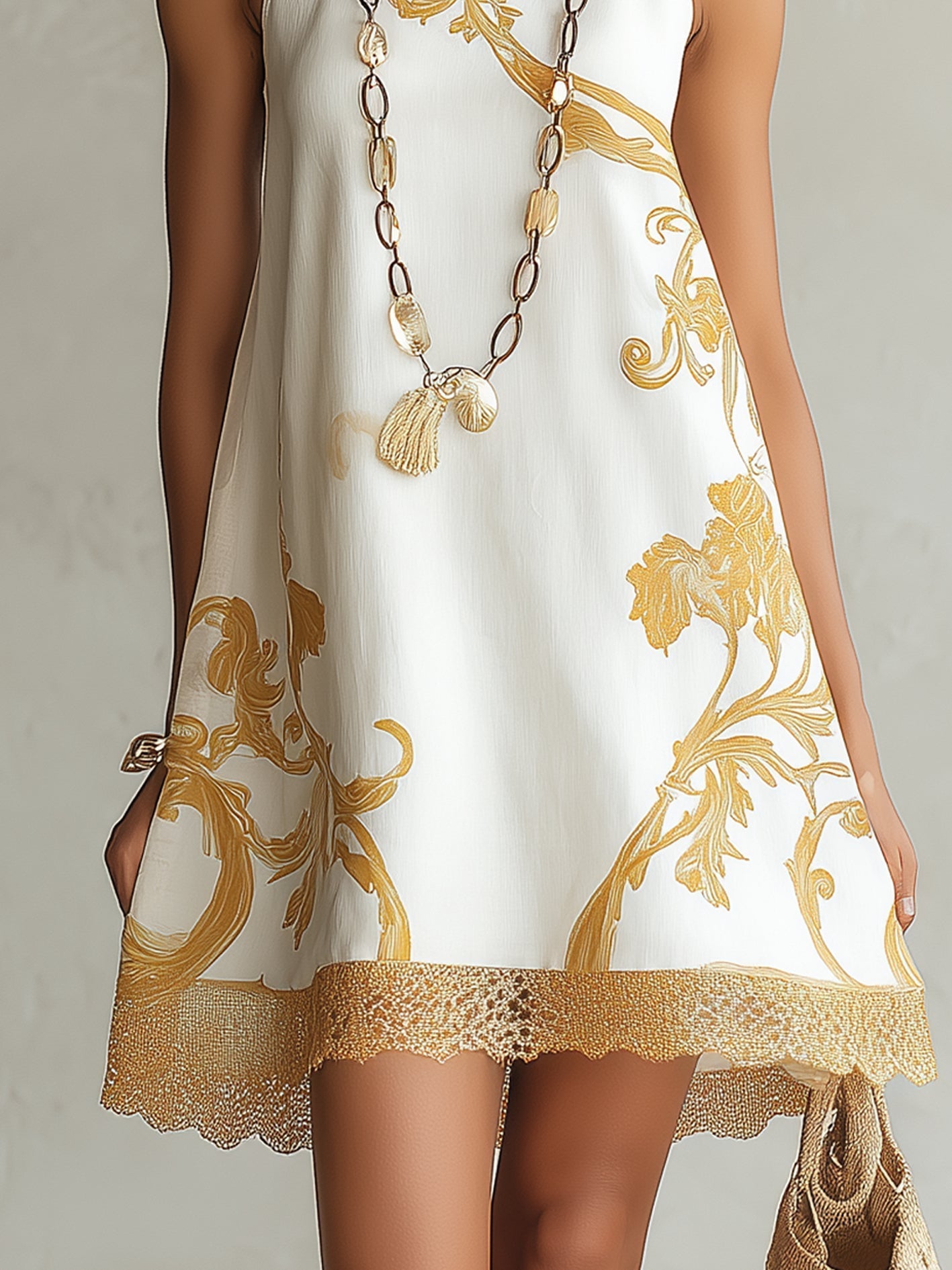 Beth – White and Gold Print Lace Mini Dress