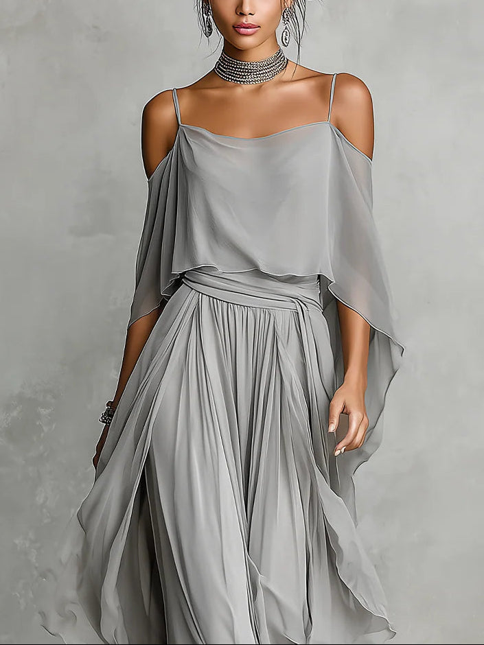 Jasmine - Grey Off-shoulder Flowy Camisole and Trousers Chiffon Set