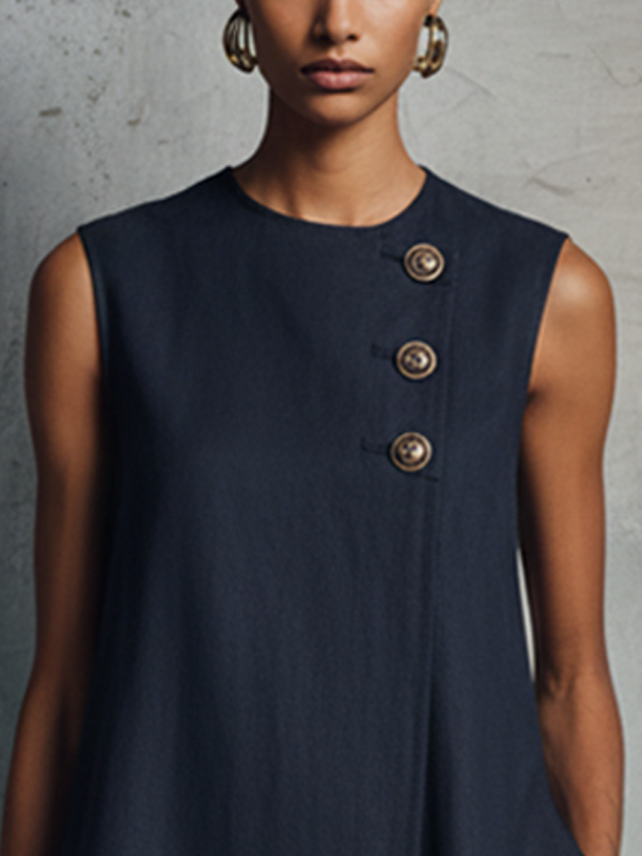 Esther – Linen Mini Dress with Gold Buttons