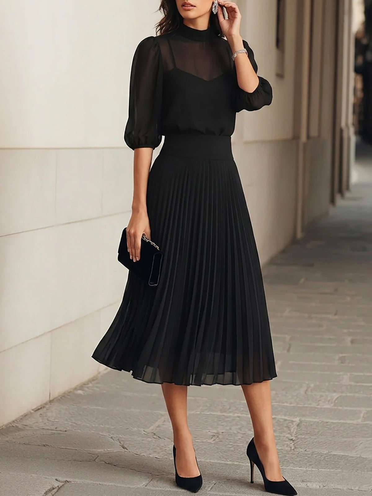 Althea – Three-Piece Black Chiffon Top and Pleated Midi Skirt Set