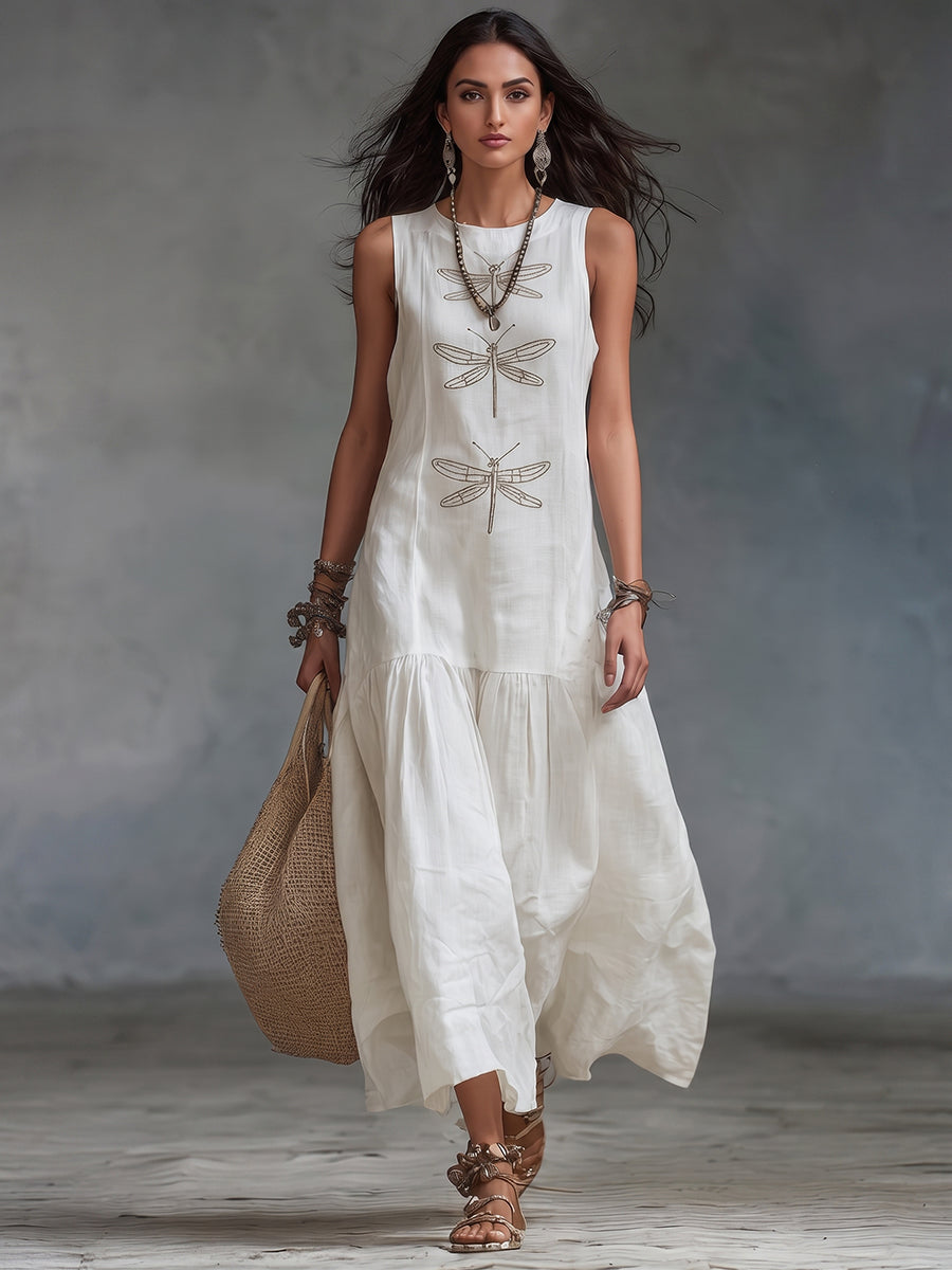 Myla - Sleeveless Dragonfly Linen Dress