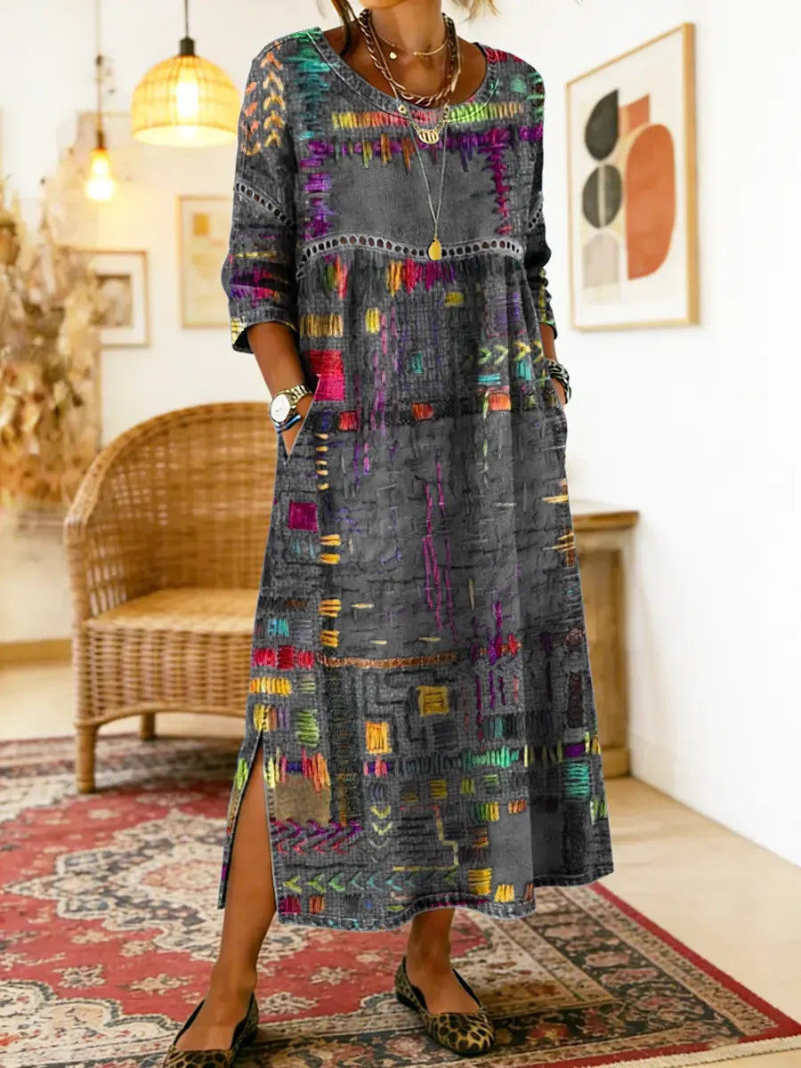 Zinnia - Printed Dress with Ethnic Patchwork