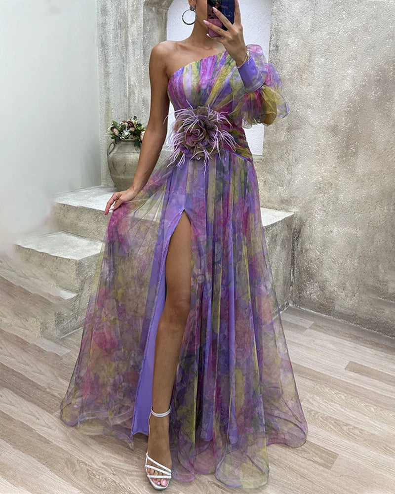 Diana - Asymmetrical One Sleeve Split Dress