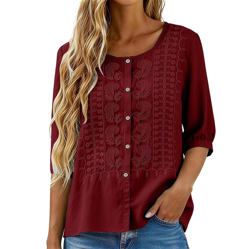 Sarah - Embroidered Cotton and Linen Blouse