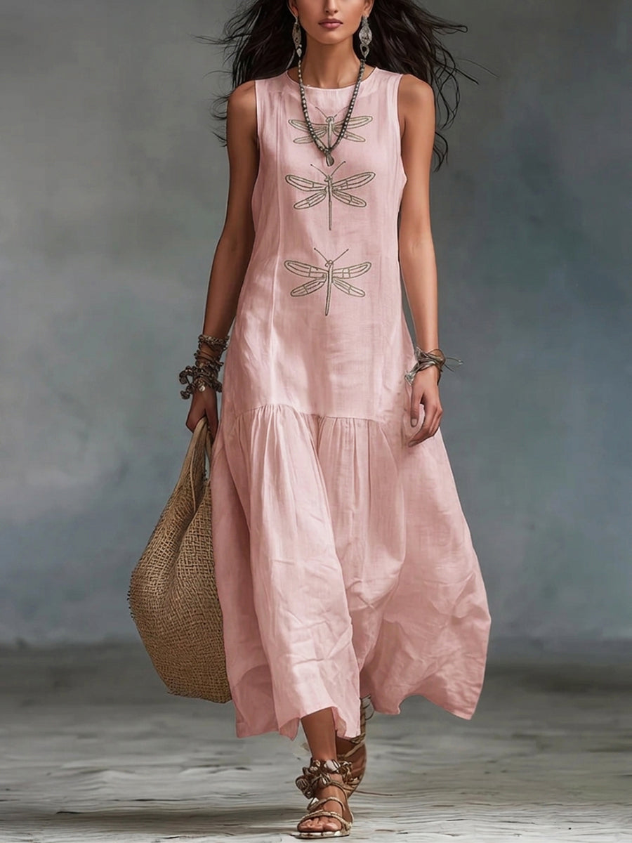 Myla - Sleeveless Dragonfly Linen Dress