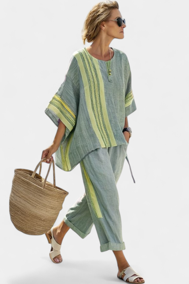 Lucinda – Elegant Lavender Top and Mustard Striped Trousers