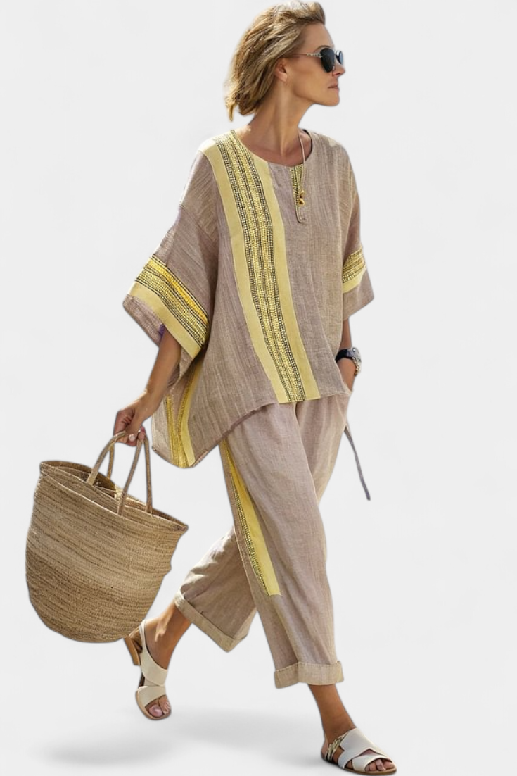 Lucinda – Elegant Lavender Top and Mustard Striped Trousers