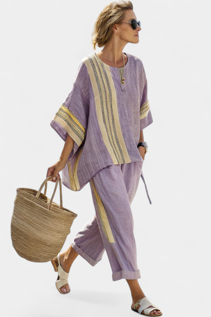 Lucinda – Elegant Lavender Top and Mustard Striped Trousers