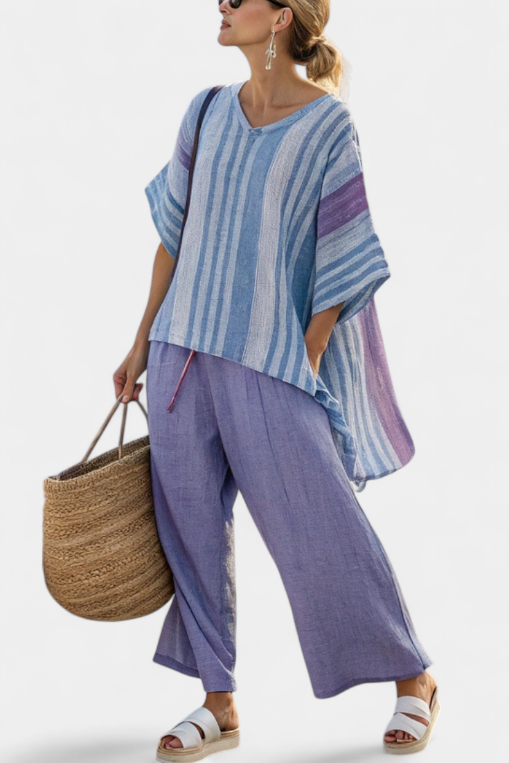 Camilla – Elegant Lavender and Sky Blue Top with Linen Trousers