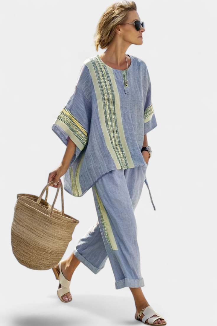 Lucinda – Elegant Lavender Top and Mustard Striped Trousers
