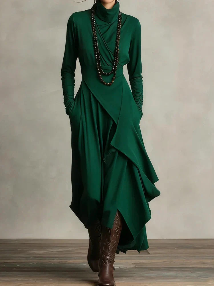 Natalia – Asymmetric Maxi Knit Dress with Turtleneck