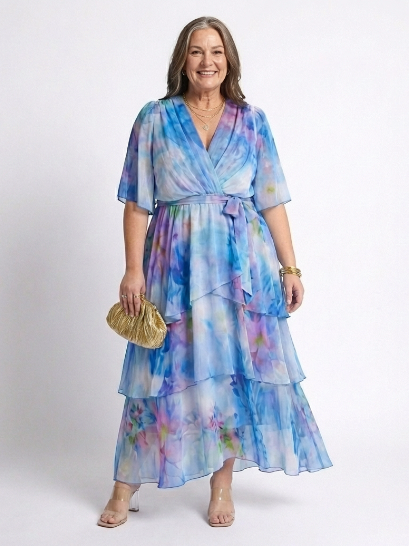 Georgie – Sheer Layered V-Neck Maxi Dress with Tie Waist