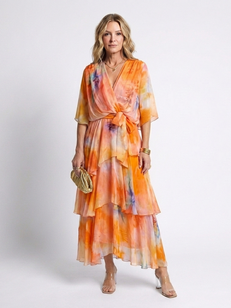 Georgie – Sheer Layered V-Neck Maxi Dress with Tie Waist