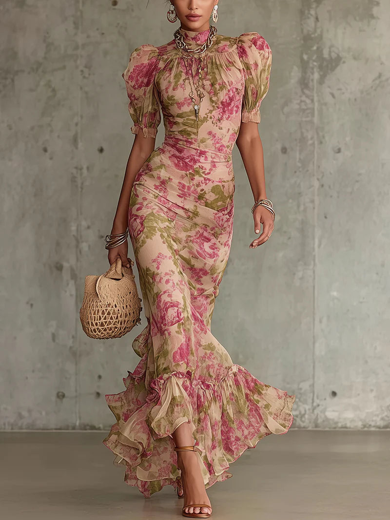 Paige - Vintage Rose Print Maxi Dress With Puff Sleeves