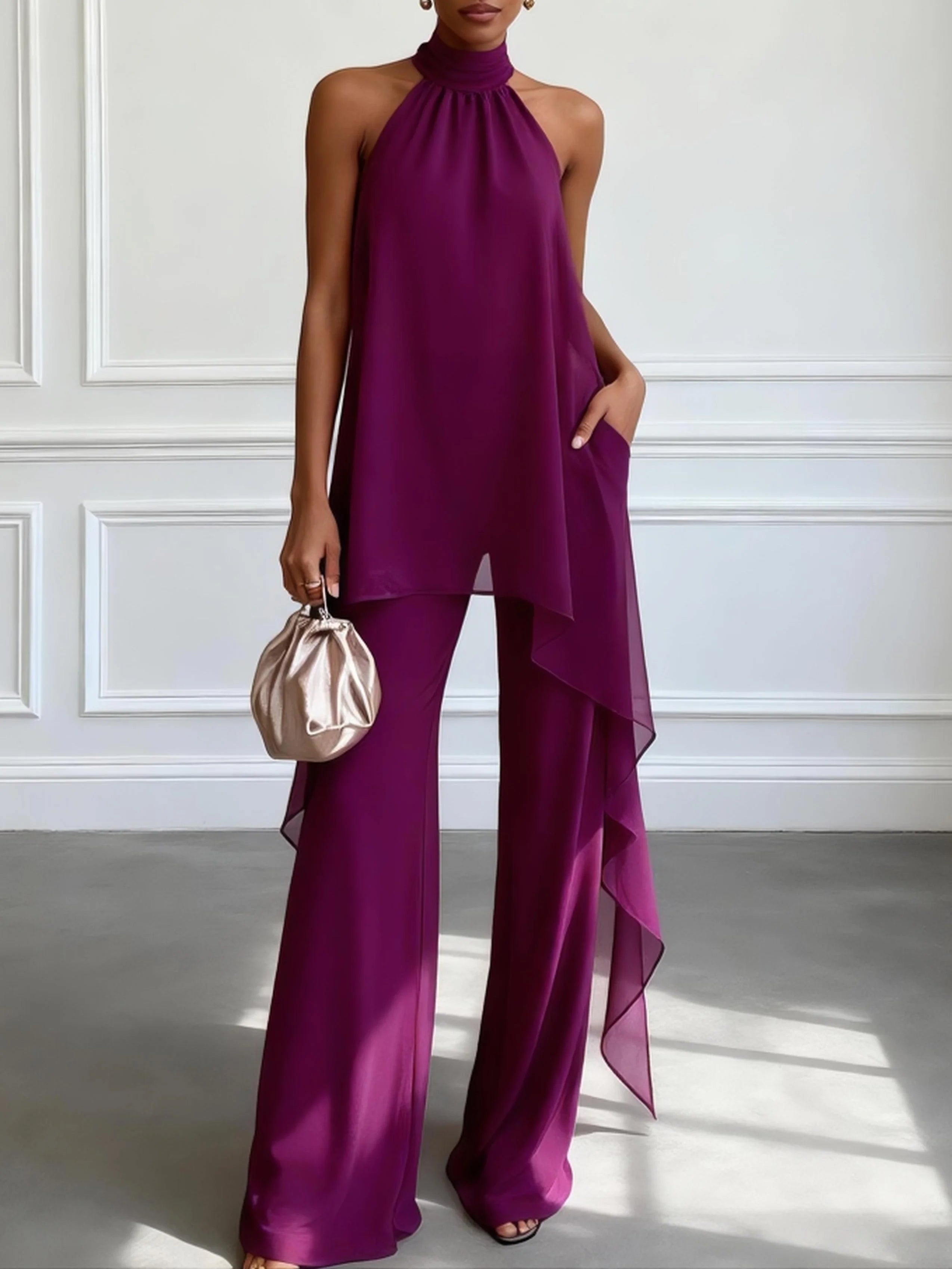 Julia - Purple Halter Sleeveless Elegant Top With Pants Two-Piece Set