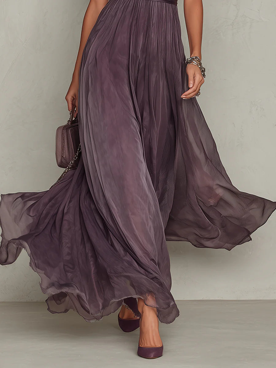 Philippa - Purple Keyhole Neckline Chiffon Lace Trim Maxi Dress