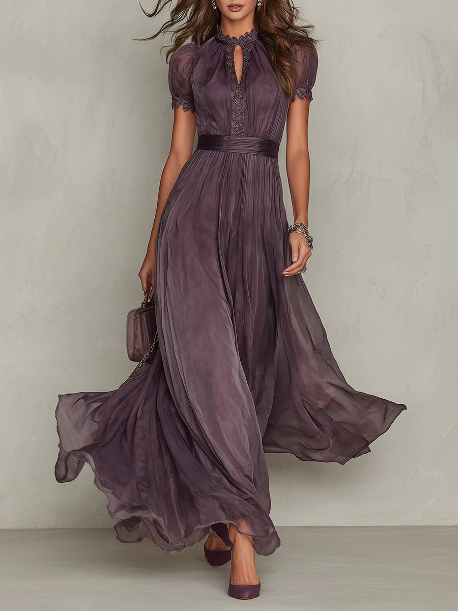 Philippa - Purple Keyhole Neckline Chiffon Lace Trim Maxi Dress
