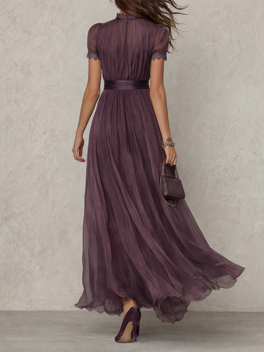 Philippa - Purple Keyhole Neckline Chiffon Lace Trim Maxi Dress