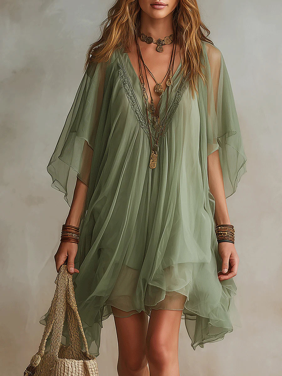 Miranda – Green Flowy Chiffon Mini Dress with V-Neck