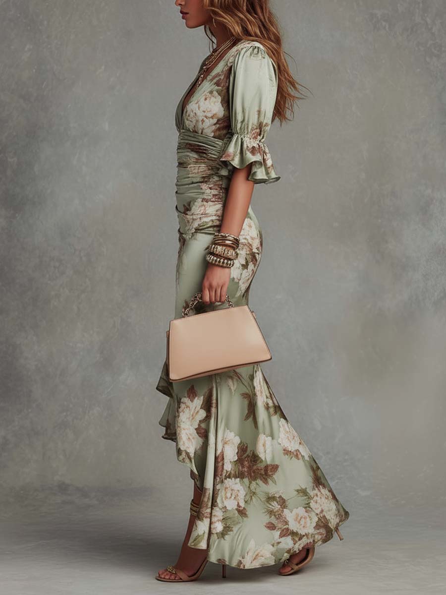 Alba - Green Floral Ruffled Bell Sleeve V-neck Satin Asymmetrical Maxi Dress