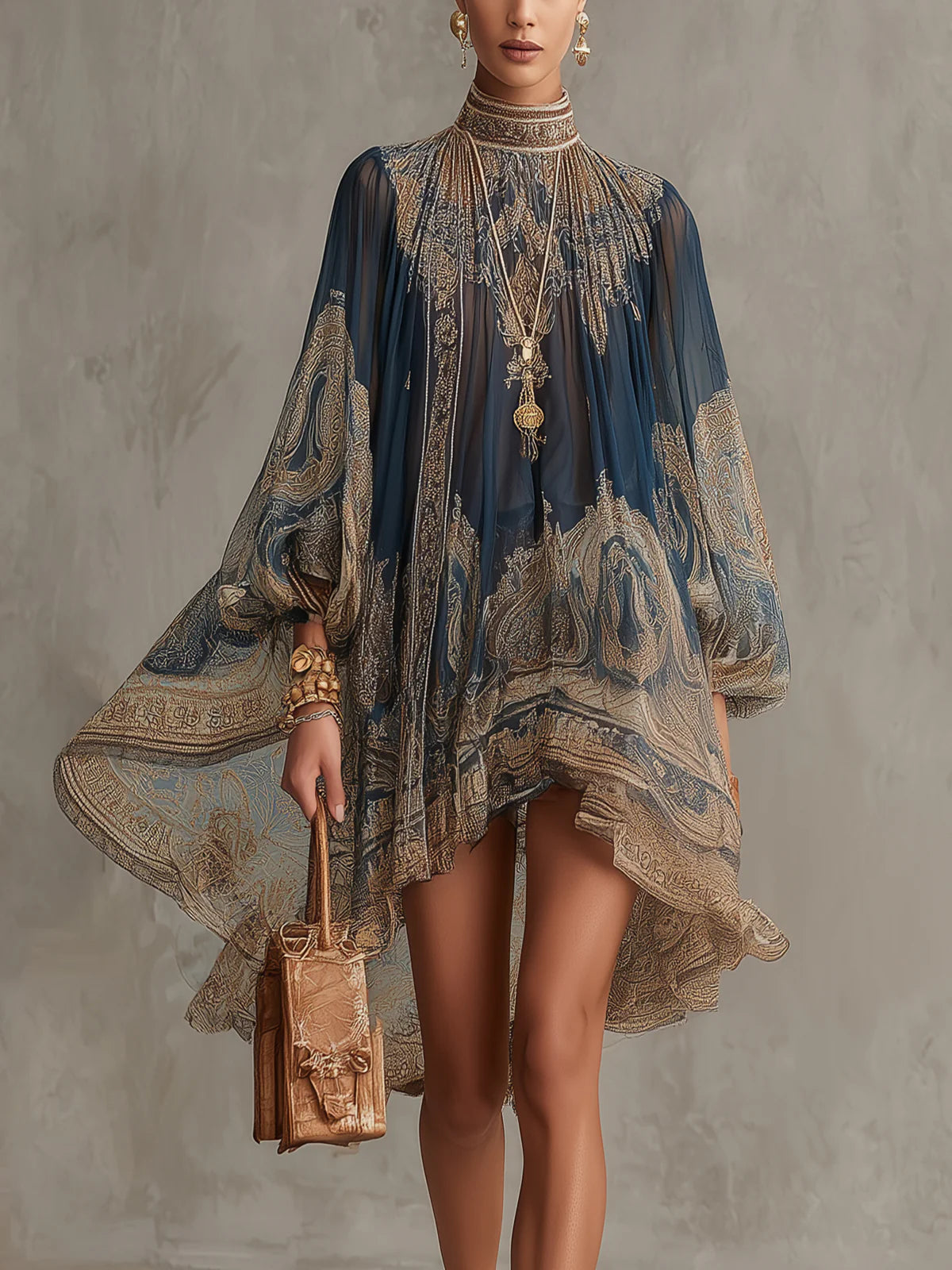 Rosemary – Navy Blue Baroque Print High-Neck Asymmetric Chiffon Mini Dress