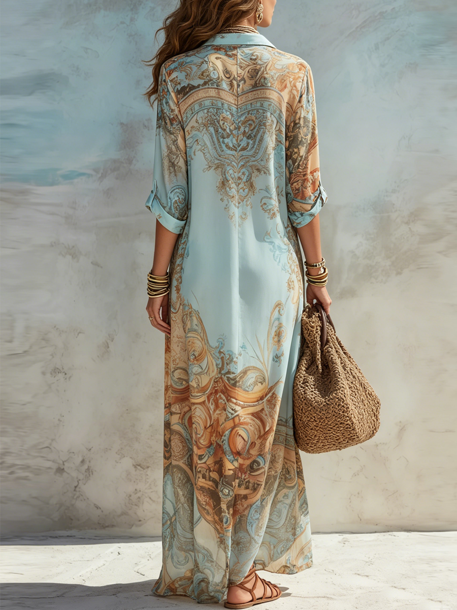 Mila - Vacation Blue Floral Print Shirt Maxi Dress