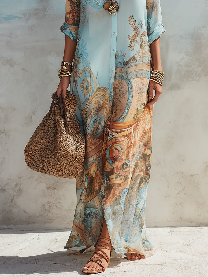 Mila - Vacation Blue Floral Print Shirt Maxi Dress