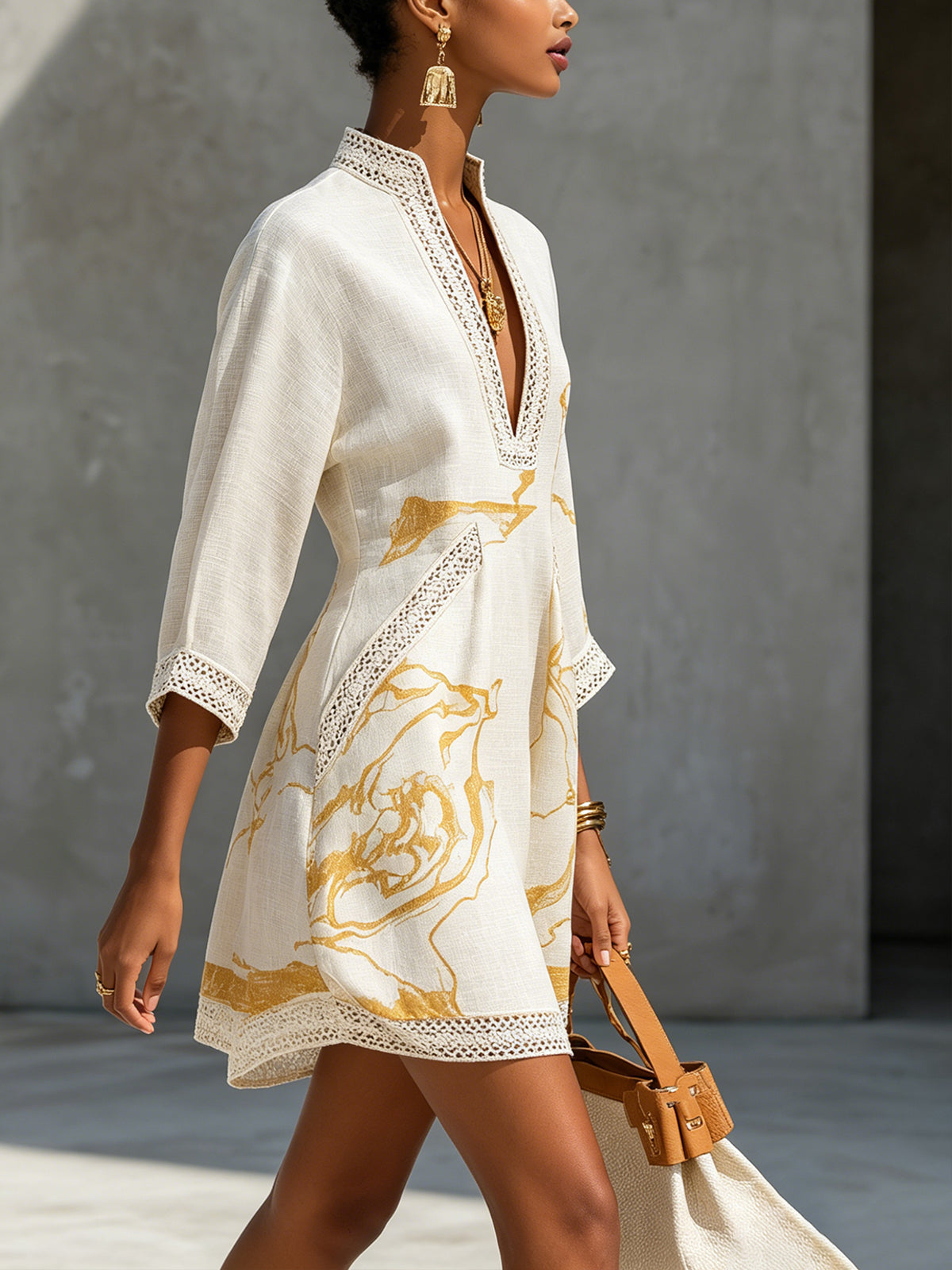 Clarissa – Ivory and Gold Print Crochet Lace V-Neck Mini Dress