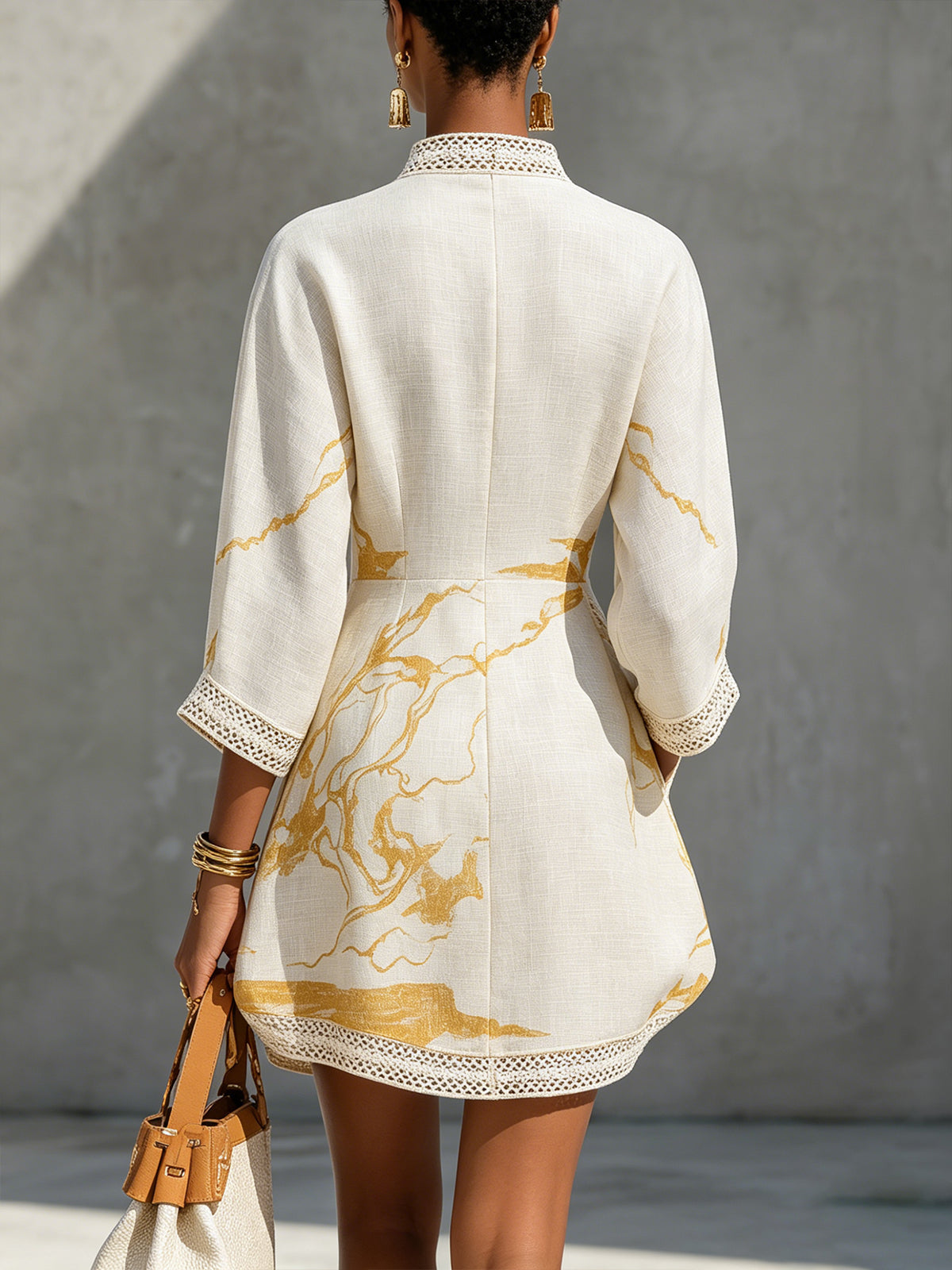 Clarissa – Ivory and Gold Print Crochet Lace V-Neck Mini Dress