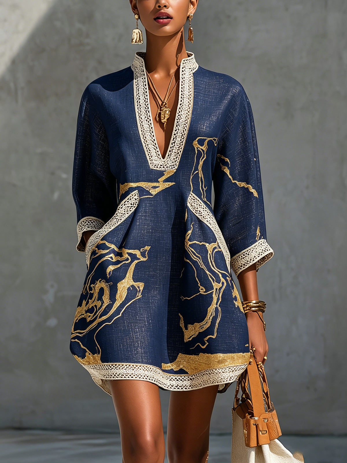 Chloe – Navy Mini Dress with Gold Print, Crochet Lace and V-Neck