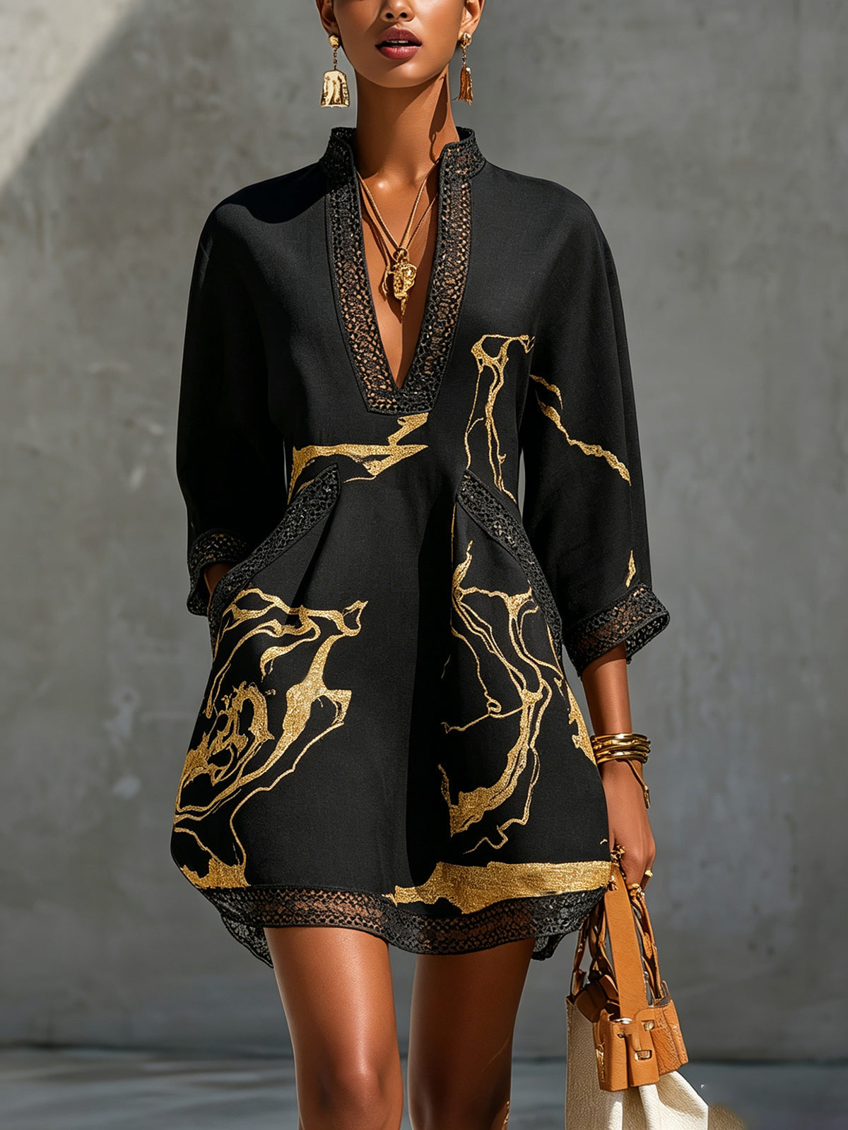 Margot – Black and Gold Print Crochet Lace V-Neck Mini Dress