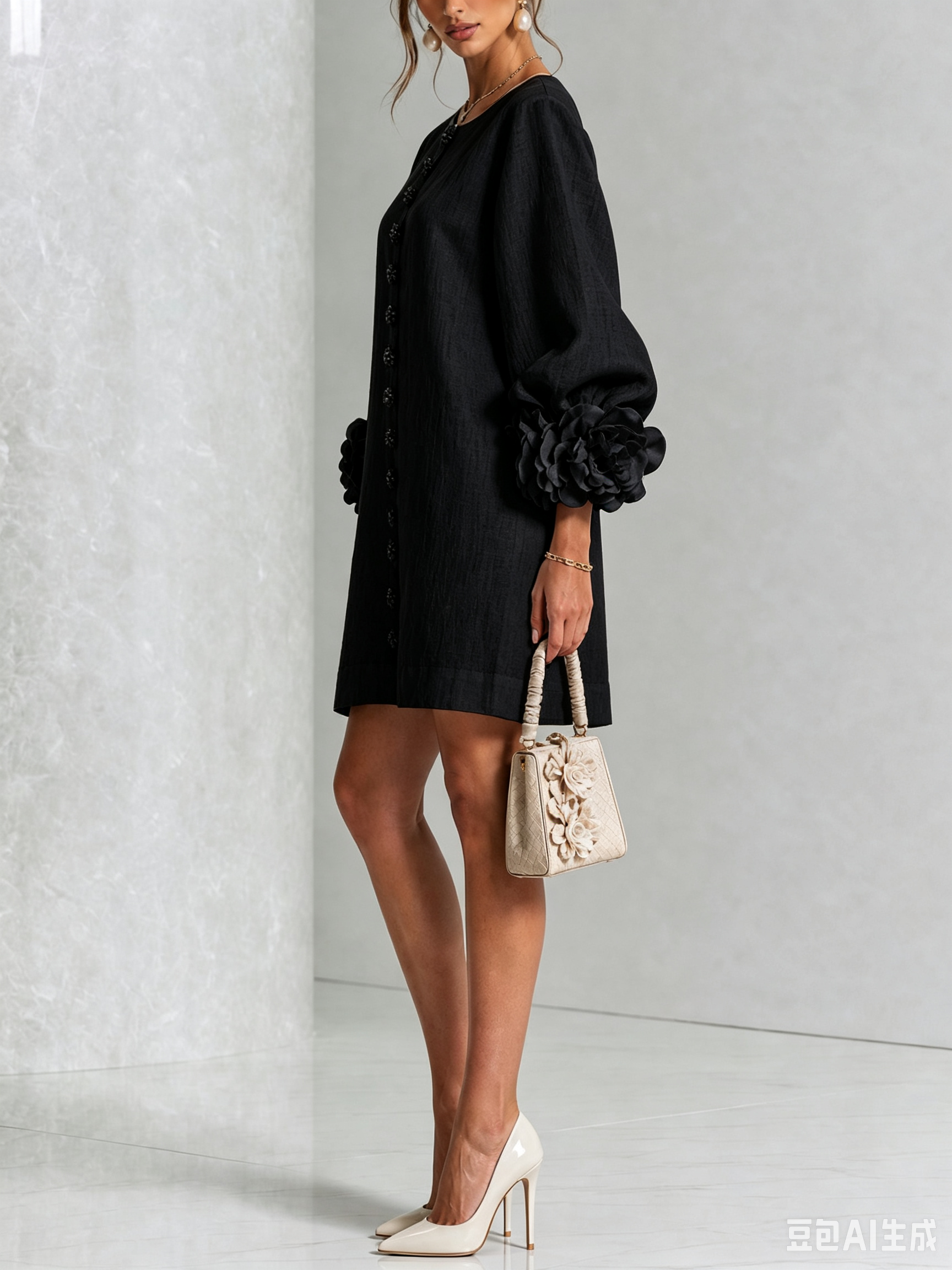 Cecily – White Mini Dress with Floral Buttons and Statement Sleeves