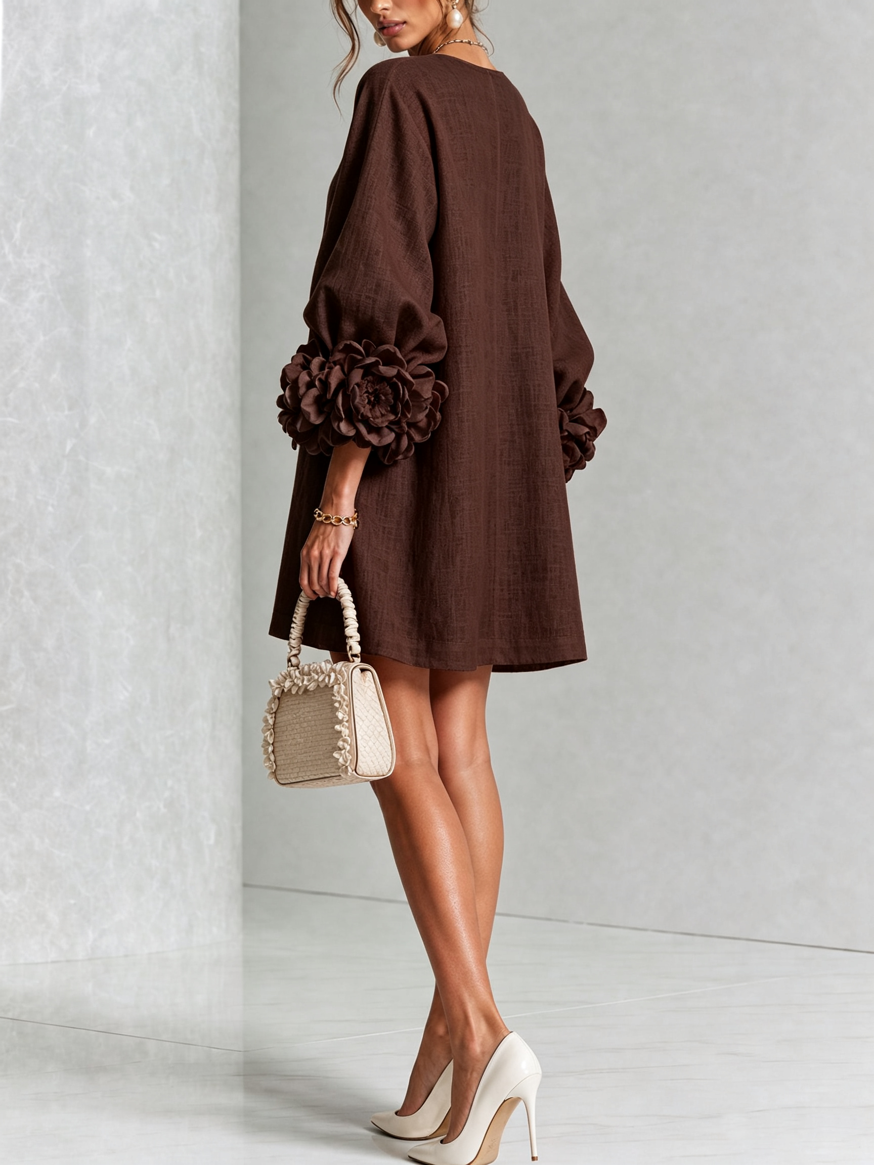 Cecily – White Mini Dress with Floral Buttons and Statement Sleeves
