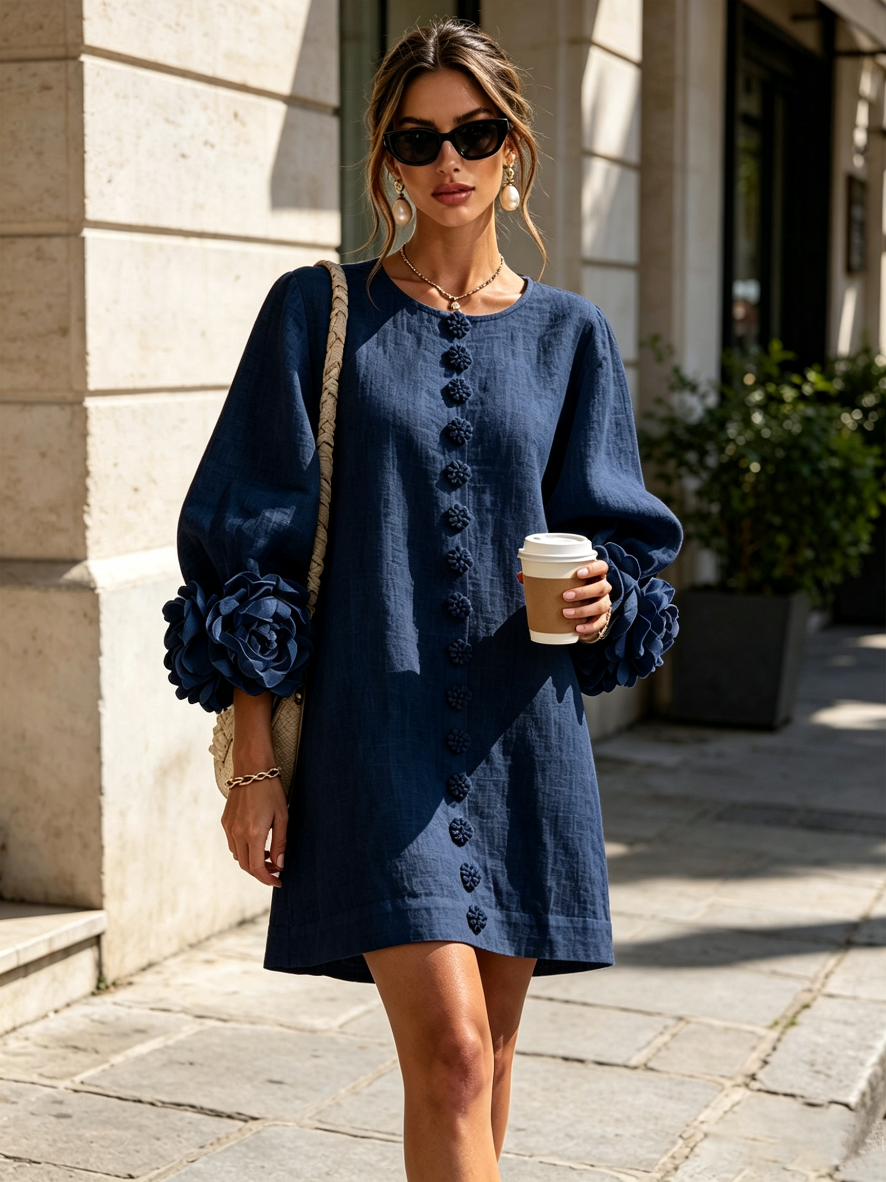 Cecily – White Mini Dress with Floral Buttons and Statement Sleeves
