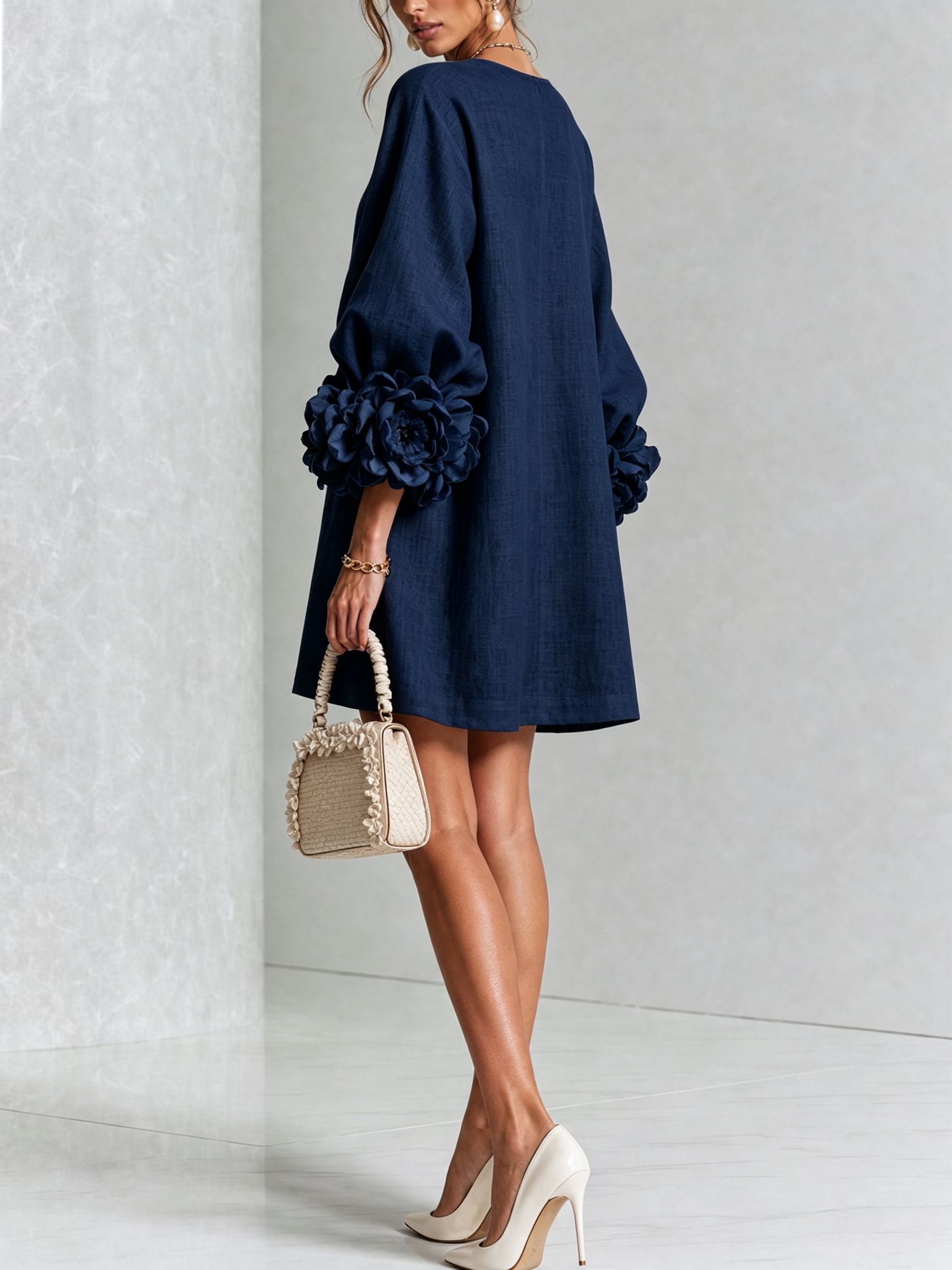 Cecily – White Mini Dress with Floral Buttons and Statement Sleeves