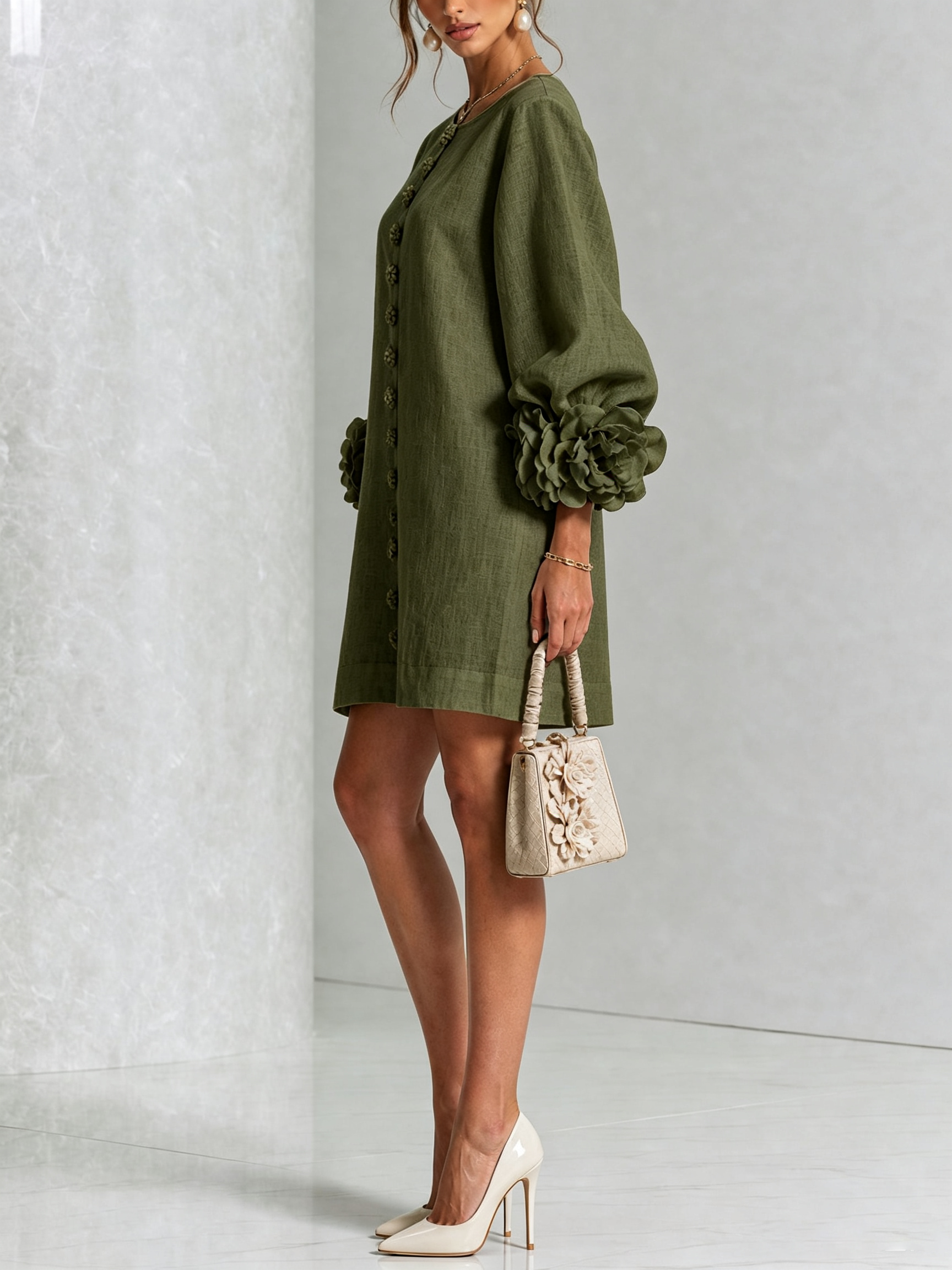 Cecily – White Mini Dress with Floral Buttons and Statement Sleeves