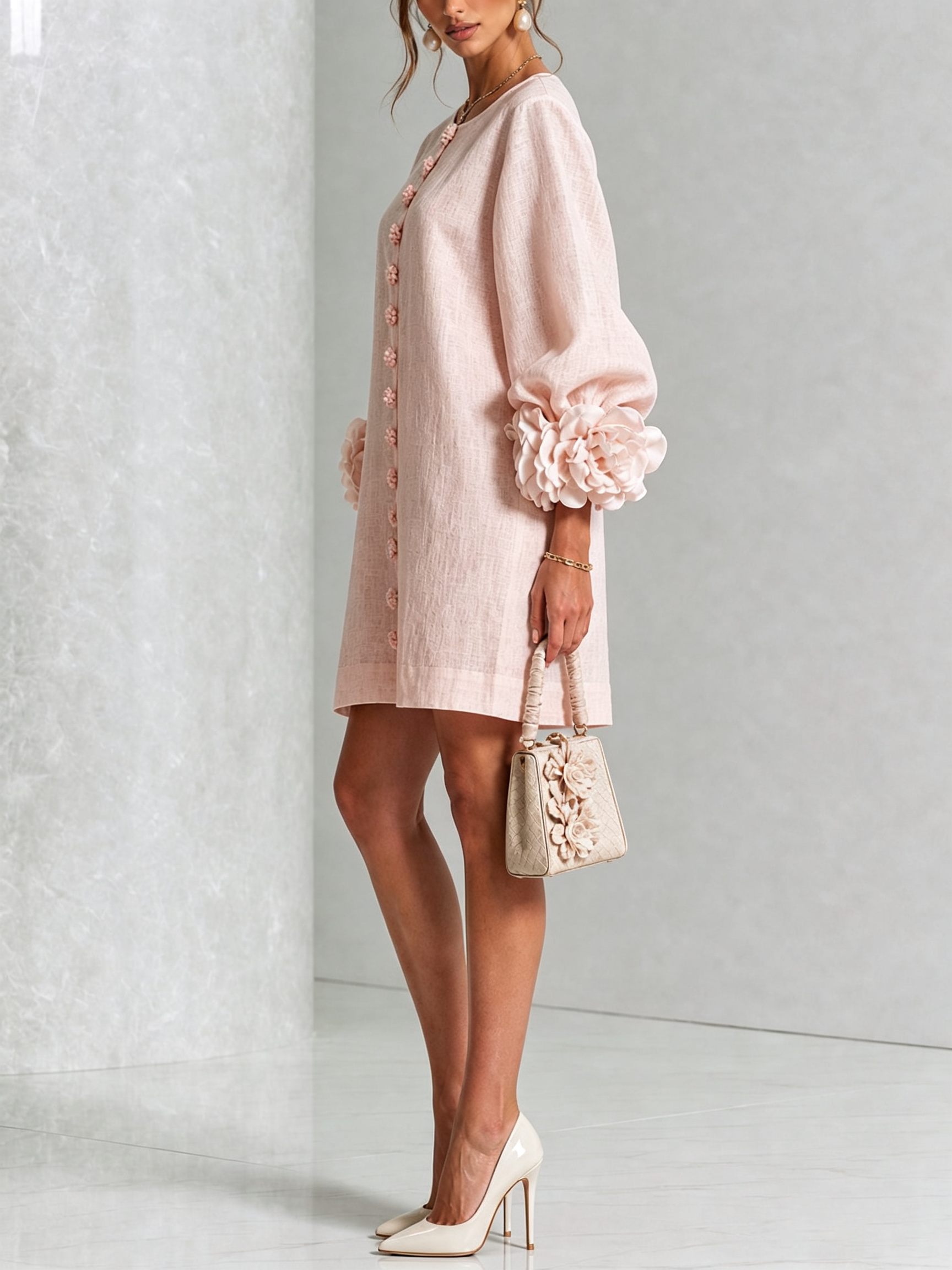 Cecily – White Mini Dress with Floral Buttons and Statement Sleeves