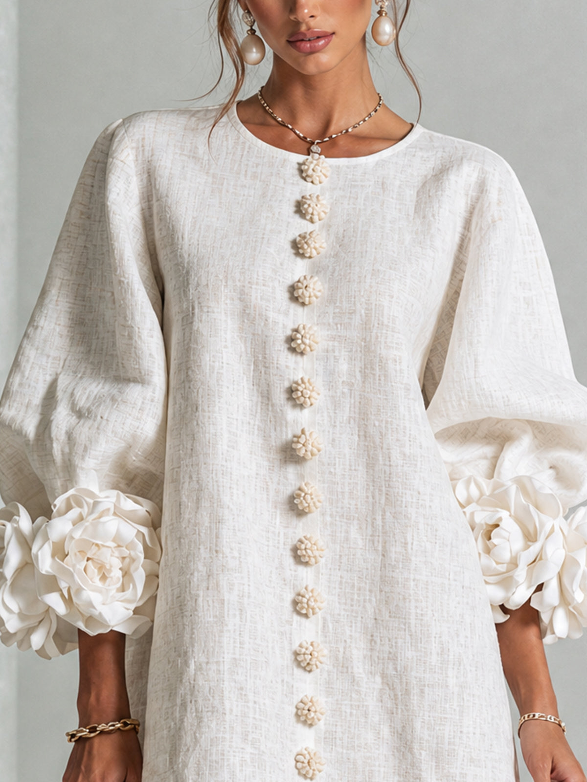 Cecily – White Mini Dress with Floral Buttons and Statement Sleeves