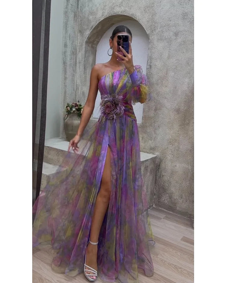 Diana - Asymmetrical One Sleeve Split Dress