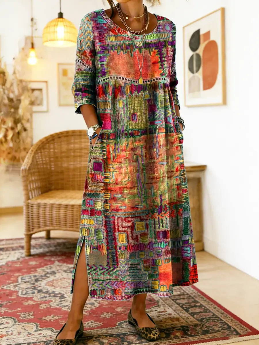 Zinnia - Printed Dress with Ethnic Patchwork