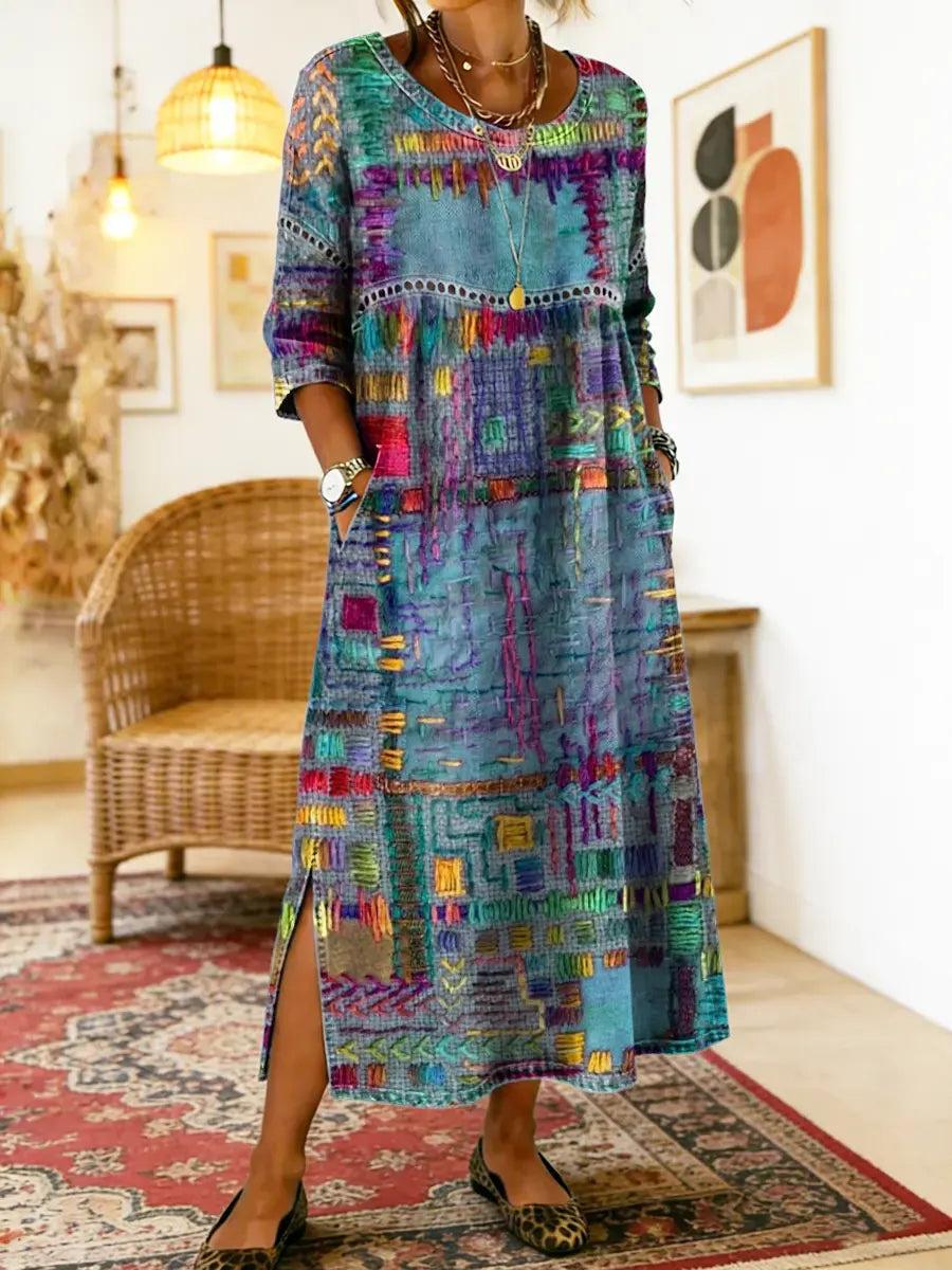 Zinnia - Printed Dress with Ethnic Patchwork