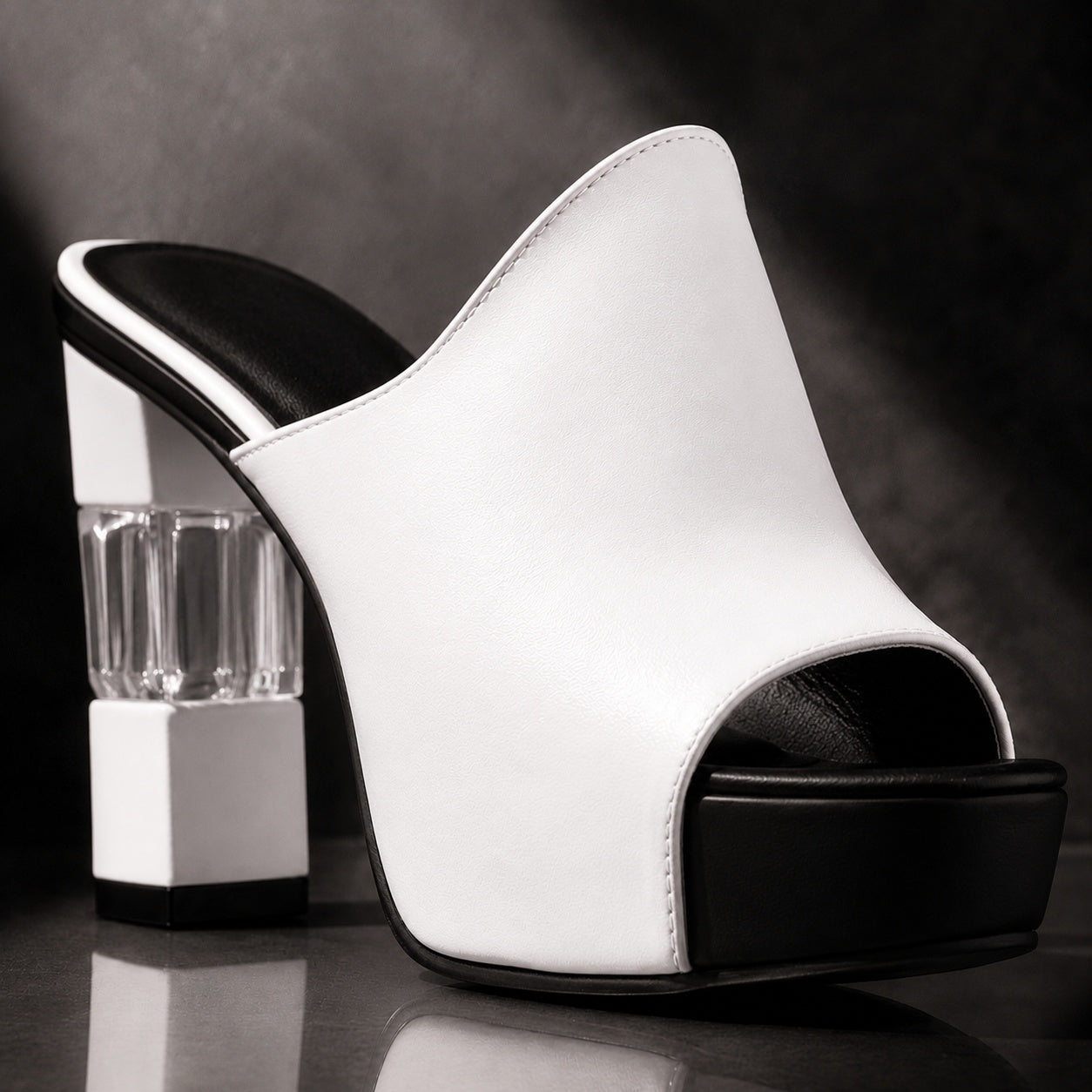 Maya – Clear Block Heel Peep-Toe Mules