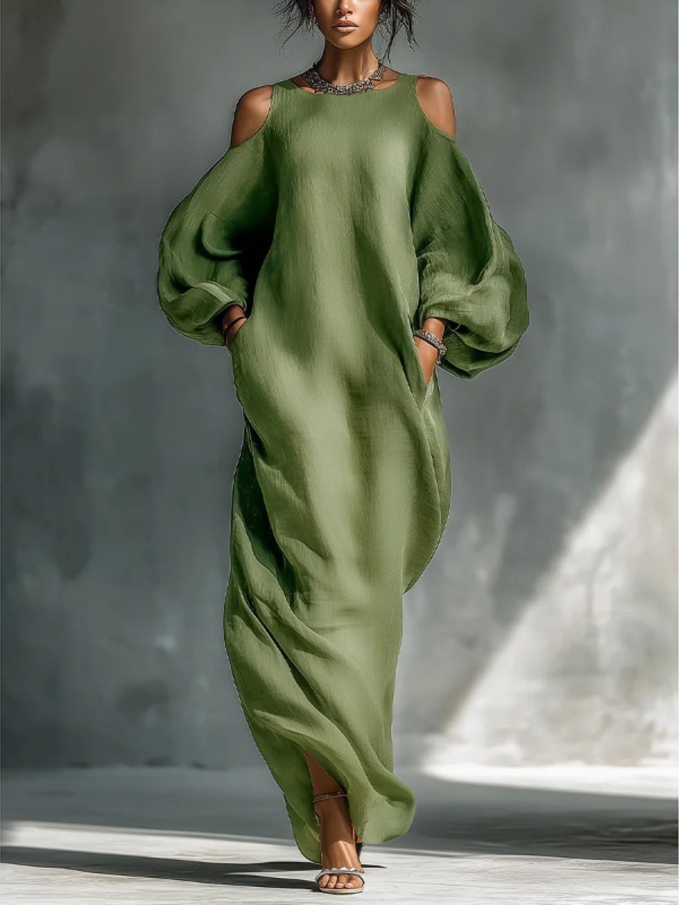 Olive - Green Chiffon Off Shoulder Short Sleeve Midi Dress