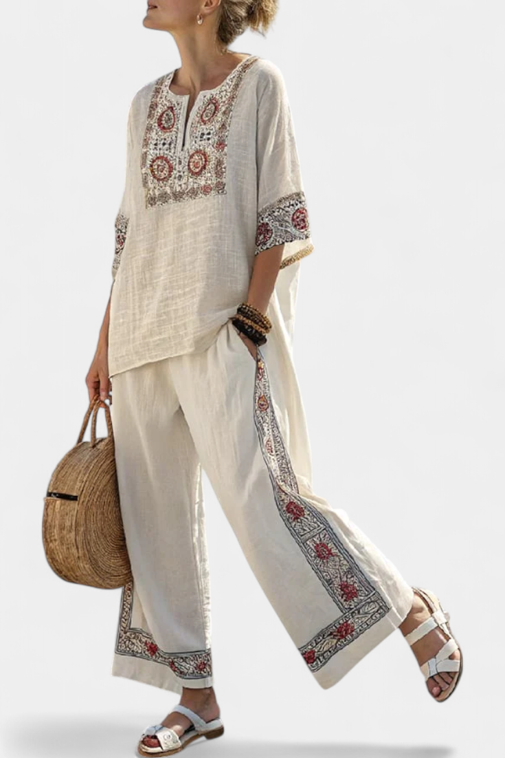 Tabitha – Essential Embroidered Blouse and Wide-Leg Trousers