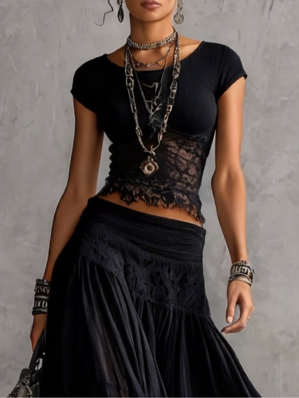 Dawn - Black Sheer Lace-Paneled Top and Pleated Maxi Skirt Set
