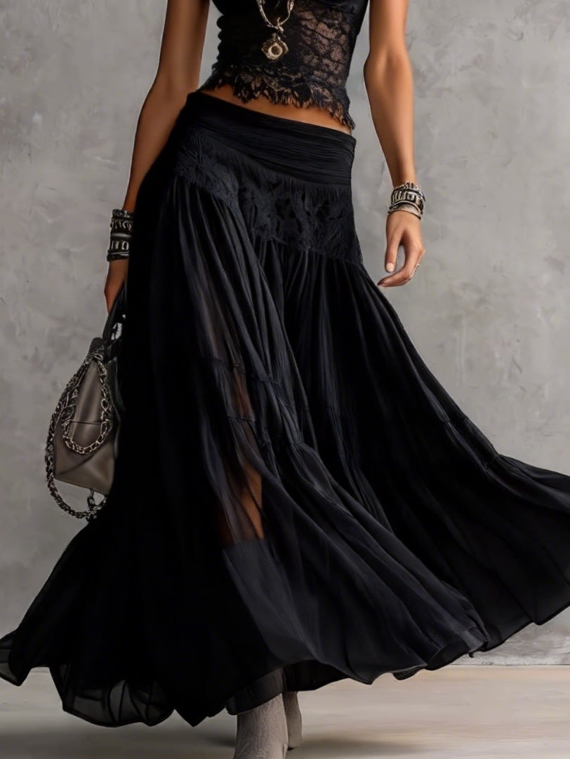 Dawn - Black Sheer Lace-Paneled Top and Pleated Maxi Skirt Set
